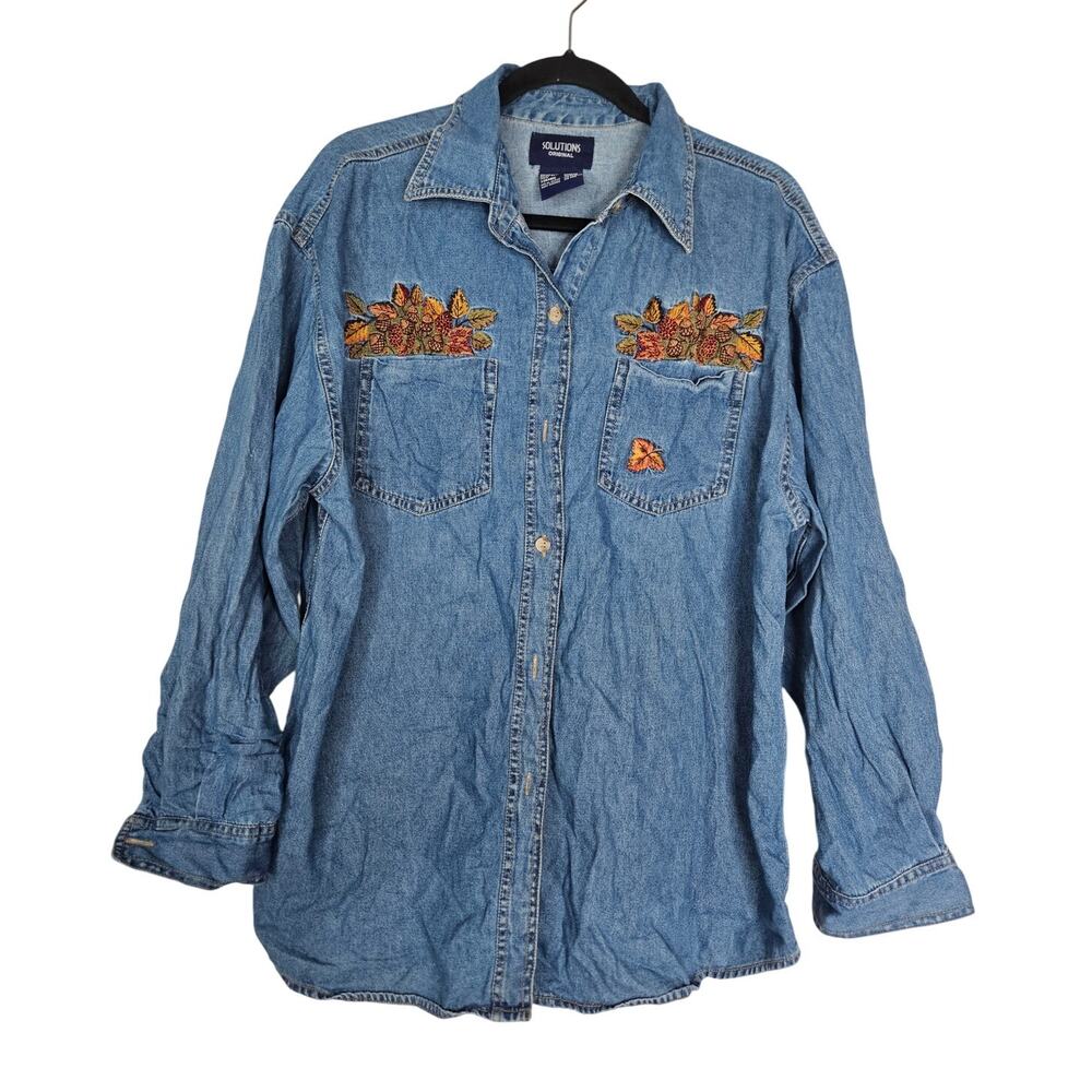 Vintage 90s Solutions XL Autumn Leaves Embroidered Button Up Chambray Shirt